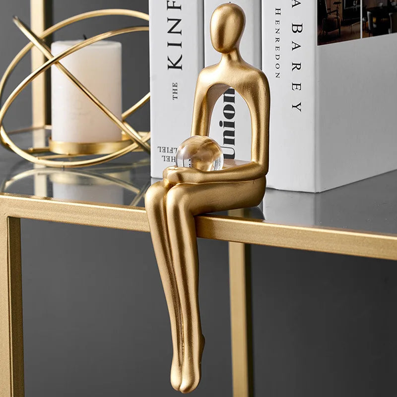Gold Thinker Statue - Modern Living Room Bookshelf Sculpture, Shelf/Table Decor Figurine