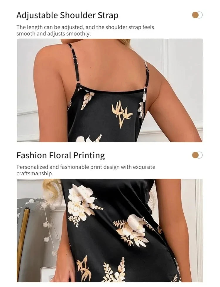 Women Nightwear Home Clothes Sexy Black Floral Printing Nightdress Sleepwear Nightshirts Silk Sleepshirts