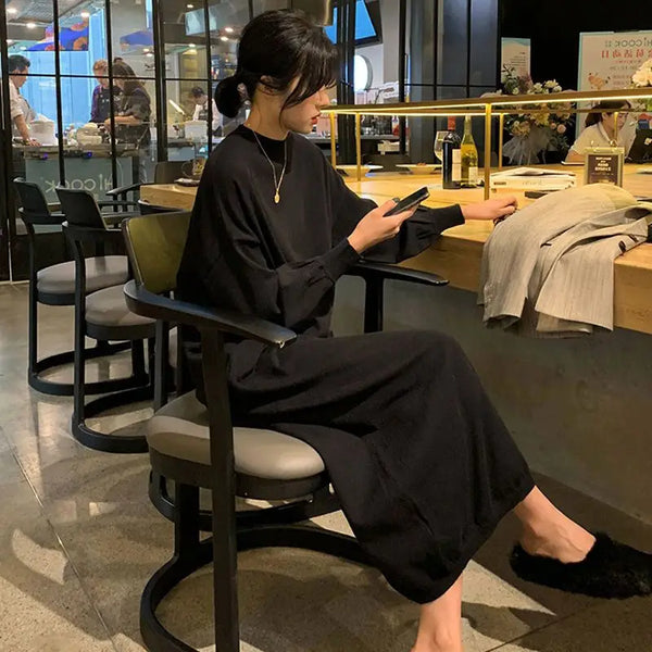 Black crochet knit maxi dress—loose, stylish, and perfect for evening wear with a Y2K Harajuku vibe