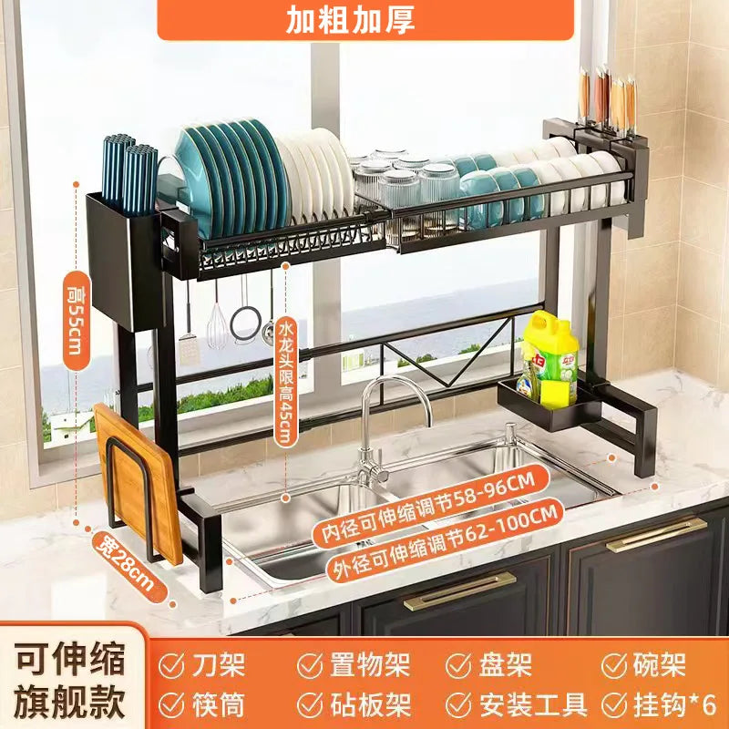 "Multifunctional stretchable kitchen shelf—above-sink draining rack for bowls, dishes, and utensils."