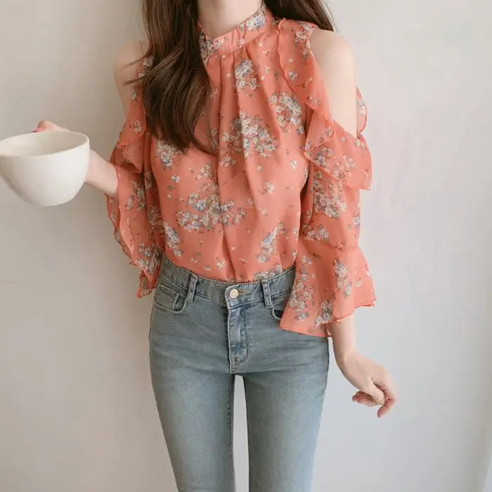 Elegant off-shoulder chiffon blouse—long sleeves and stylish design for a feminine, modern look.