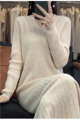 100% Merino wool cashmere dress—V-neck pullover style, warm and stylish for autumn and winter