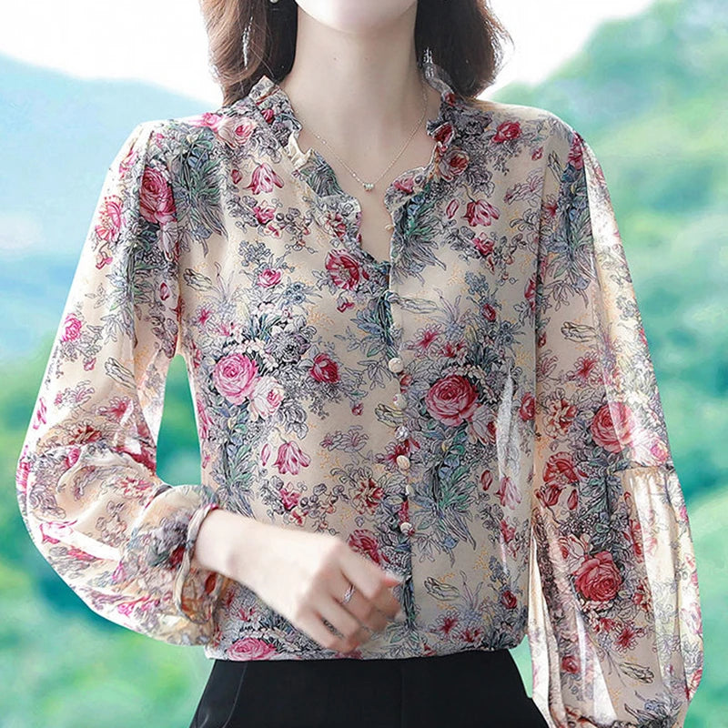 Elegant floral O-neck top with three-quarter sleeves—vintage-inspired, stylish, and perfect for summer.