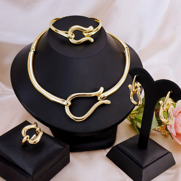 Fashion Jewelry Sets For Women Gold Color Choker Necklace Earrings Bracelets Ring Wedding Set Party