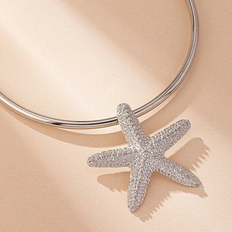 Modern Jewelry Accessories Gold Color Metal Statement Earrings and Adjustable Neck Choker Starfish Pendant Necklace for Women