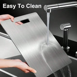 "1pc titanium alloy double-sided stainless steel chopping board—durable and perfect for kitchen and dining.