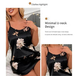 Women Nightwear Home Clothes Sexy Black Floral Printing Nightdress Sleepwear Nightshirts Silk Sleepshirts