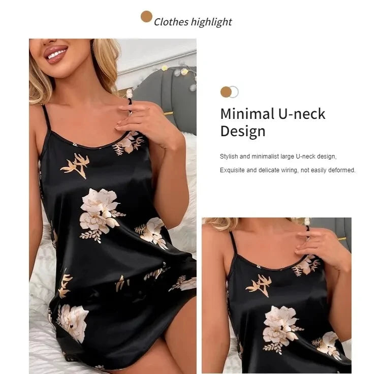 Women Nightwear Home Clothes Sexy Black Floral Printing Nightdress Sleepwear Nightshirts Silk Sleepshirts