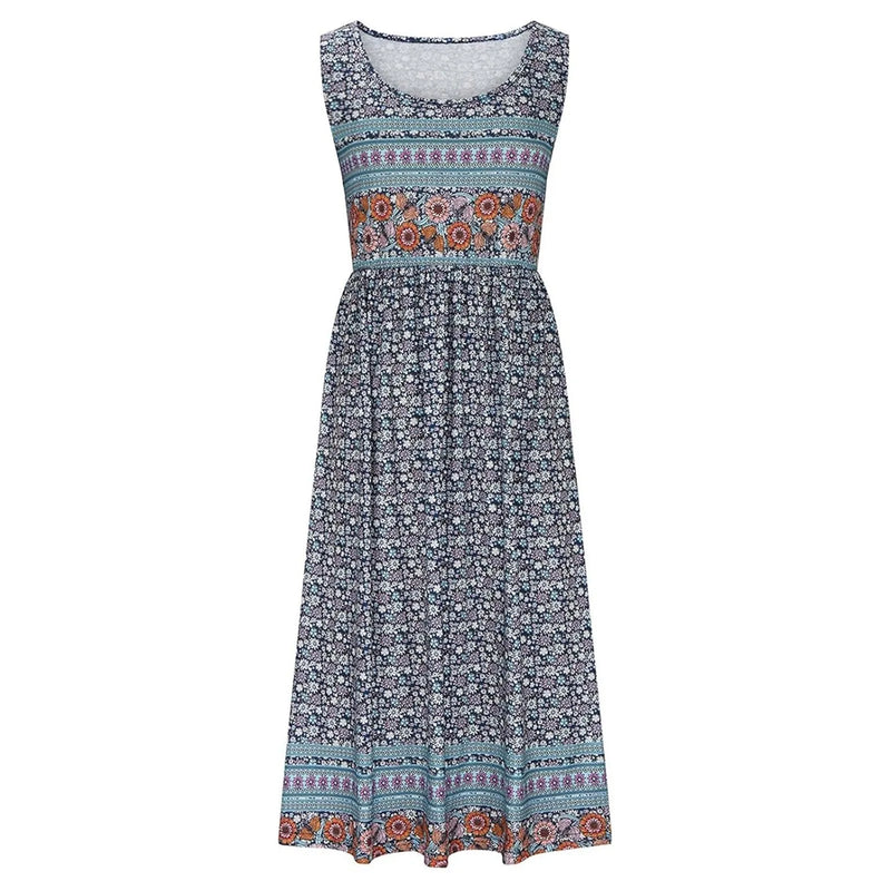 Vintage printed sleeveless maxi dress with pockets—casual, comfy, and perfect for summer style.