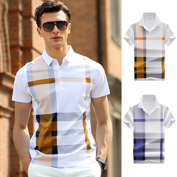 Men's Fashion Business Casual Stripe Polo Comfortable Cotton Top British Style