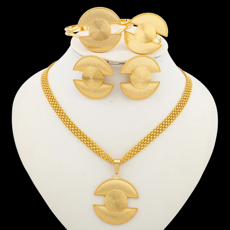 Fashion Women Jewelry Set for Accessories 18k Gold Color Earrings and Ring Bangle Ring Set for Engagement Party