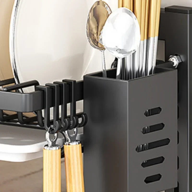 Wall-mounted no-hole kitchen dish rack—multifunctional storage for plates, chopsticks, knives, and cups."