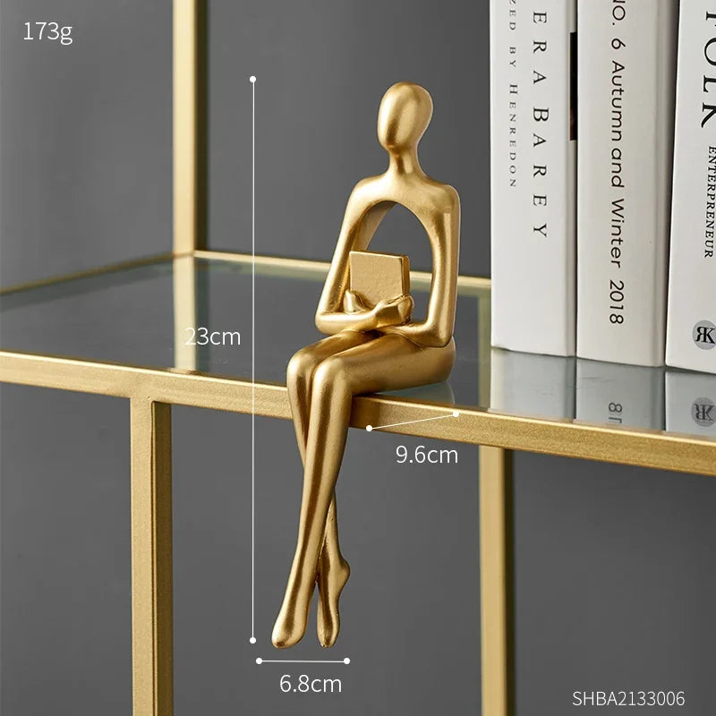 Gold Thinker Statue - Modern Living Room Bookshelf Sculpture, Shelf/Table Decor Figurine