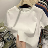 White cotton Y2K-style T-shirt for women—short sleeves, comfy fit, and perfect for spring