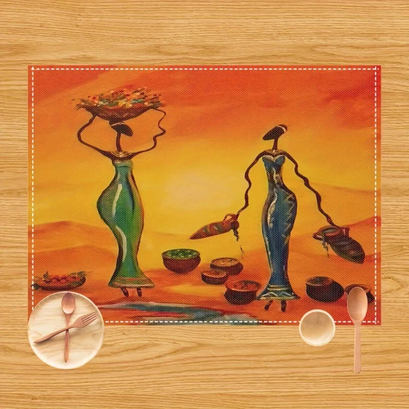 2pcs Beautiful African Woman Placemats - Set of 2 Linen Table Mats for Kitchen and Dining Table Decor