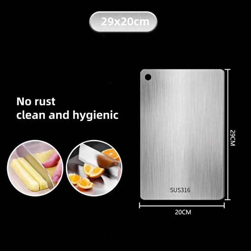 "1pc titanium alloy double-sided stainless steel chopping board—durable and perfect for kitchen and dining.