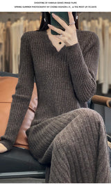 100% Merino wool cashmere dress—V-neck pullover style, warm and stylish for autumn and winter
