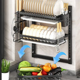 Wall-mounted no-hole kitchen dish rack—multifunctional storage for plates, chopsticks, knives, and cups."