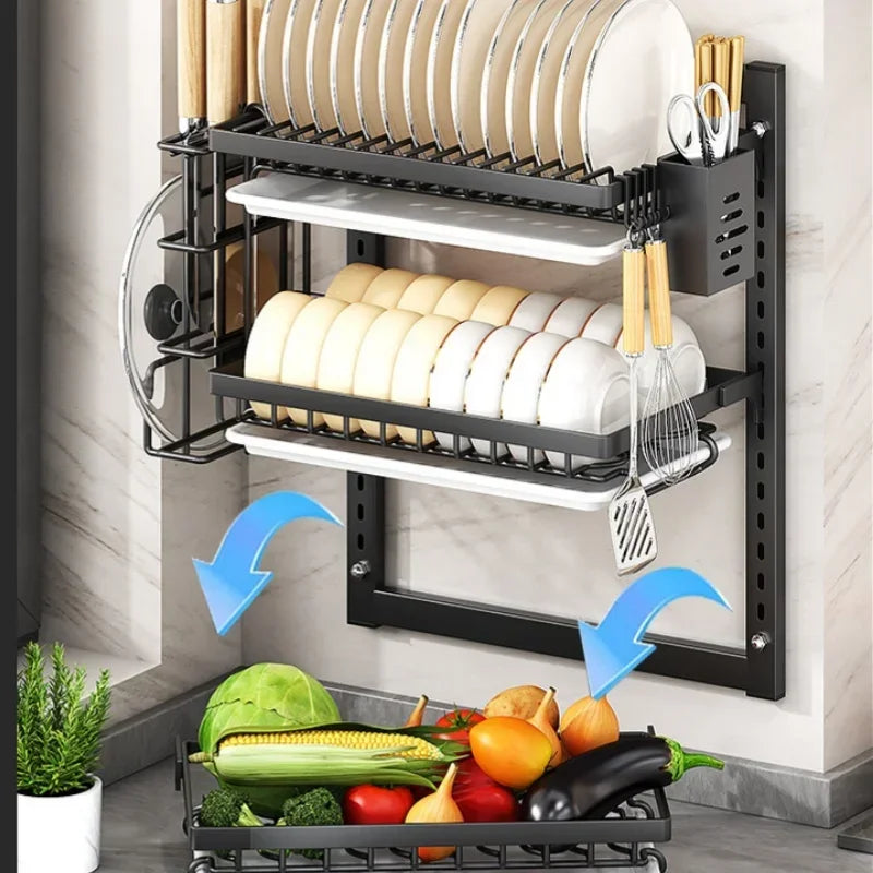 Wall-mounted no-hole kitchen dish rack—multifunctional storage for plates, chopsticks, knives, and cups."