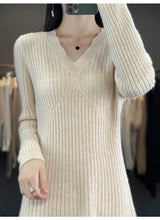 100% Merino wool cashmere dress—V-neck pullover style, warm and stylish for autumn and winter