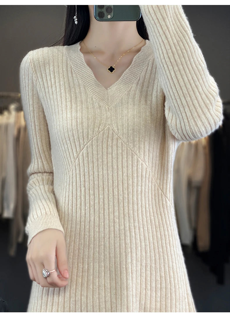 100% Merino wool cashmere dress—V-neck pullover style, warm and stylish for autumn and winter