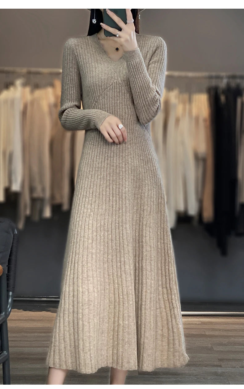 100% Merino wool cashmere dress—V-neck pullover style, warm and stylish for autumn and winter