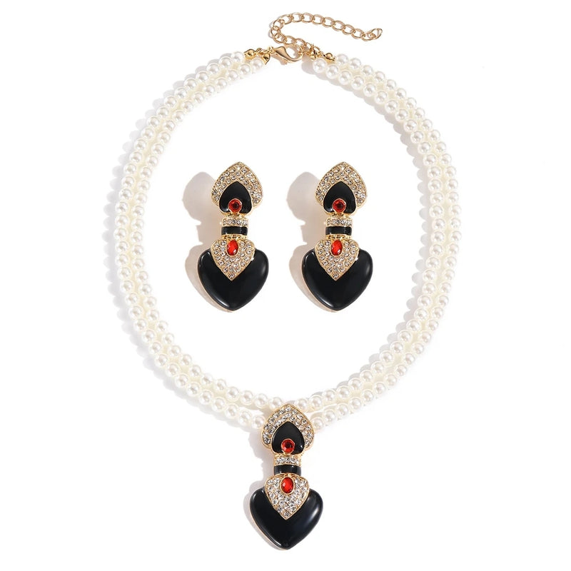 Bride Wedding Jewelry Set Elegant Enamel Rhinestone Love Imitation Pearl Beaded Necklace and Earrings