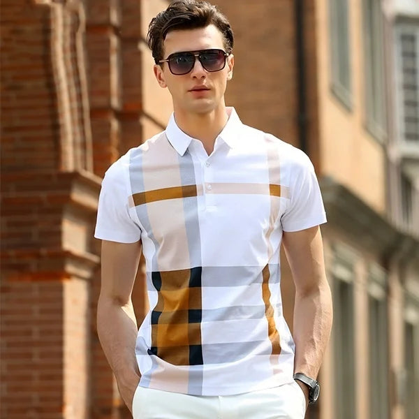 Men's Fashion Business Casual Stripe Polo Comfortable Cotton Top British Style
