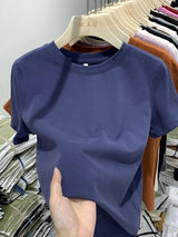 White cotton Y2K-style T-shirt for women—short sleeves, comfy fit, and perfect for spring