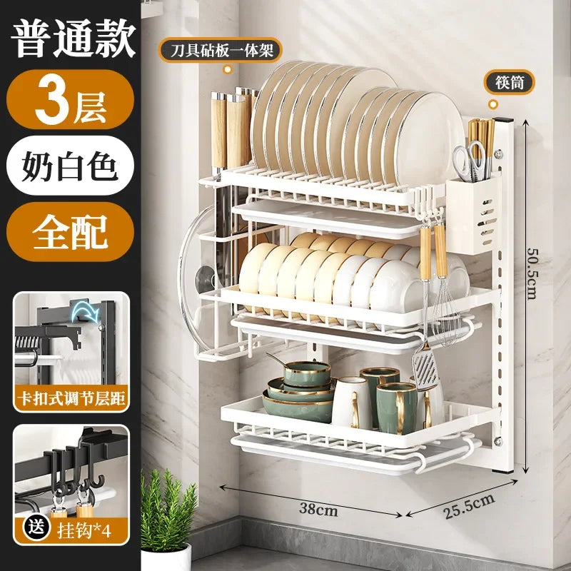 Wall-mounted no-hole kitchen dish rack—multifunctional storage for plates, chopsticks, knives, and cups."