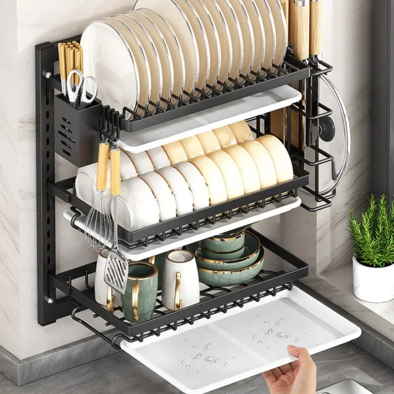Wall-mounted no-hole kitchen dish rack—multifunctional storage for plates, chopsticks, knives, and cups."