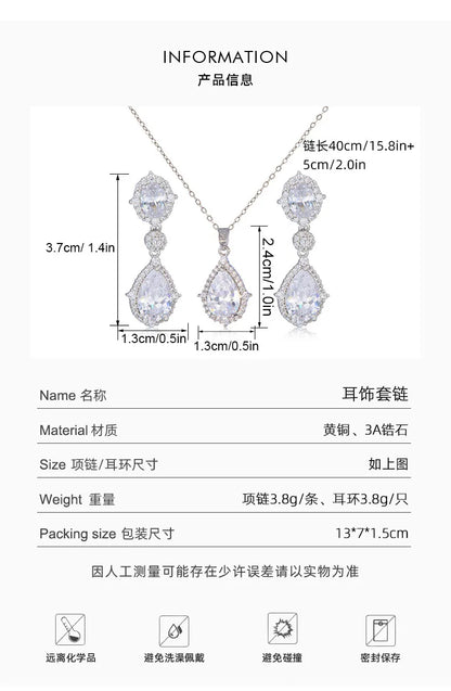 "Elegant zircon jewelry set with necklace and water drop earrings—perfect for brides and special occasions."