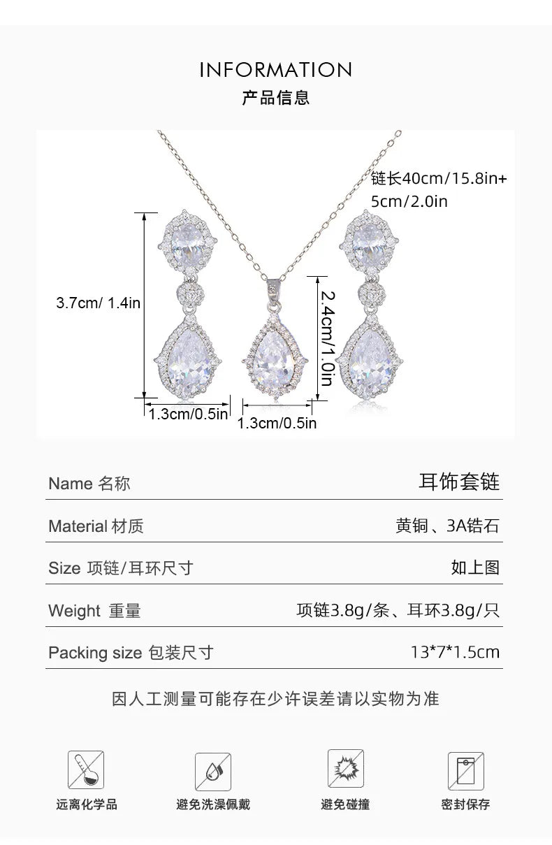 "Elegant zircon jewelry set with necklace and water drop earrings—perfect for brides and special occasions."