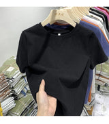 White cotton Y2K-style T-shirt for women—short sleeves, comfy fit, and perfect for spring