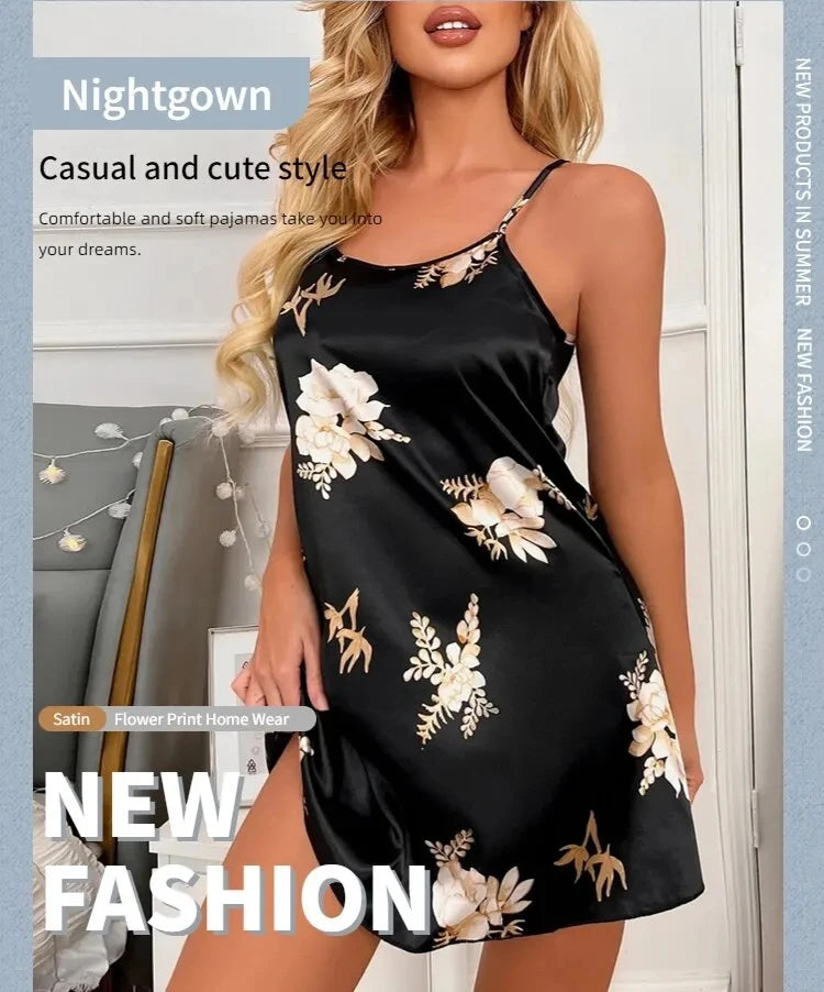 Women Nightwear Home Clothes Sexy Black Floral Printing Nightdress Sleepwear Nightshirts Silk Sleepshirts