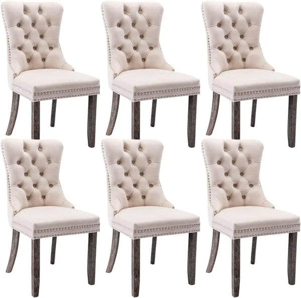 Tufted Dining Chairs Set of 6, Velvet Upholstered Dining Chairs with Nailhead Back and Ring Pull Trim,