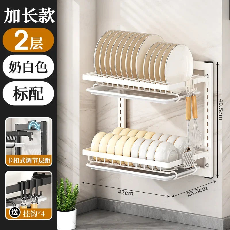 Wall-mounted no-hole kitchen dish rack—multifunctional storage for plates, chopsticks, knives, and cups."