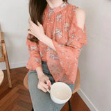 Elegant off-shoulder chiffon blouse—long sleeves and stylish design for a feminine, modern look.