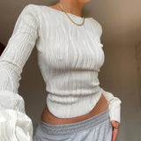 Y2K white ruched long-sleeve cropped T-shirt—skinny fit, perfect for casual autumn looks.