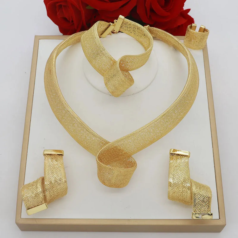 Women's Jewelry Sets Gold Plated Sprial Necklaces Simple Earrings Italian Fashion Rings Bracelets