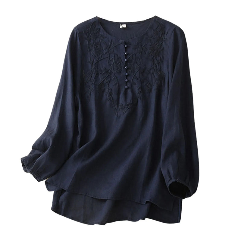 2025 vintage embroidered jacquard top—long-sleeve, loose-fit cotton-linen blend for effortless elegance.