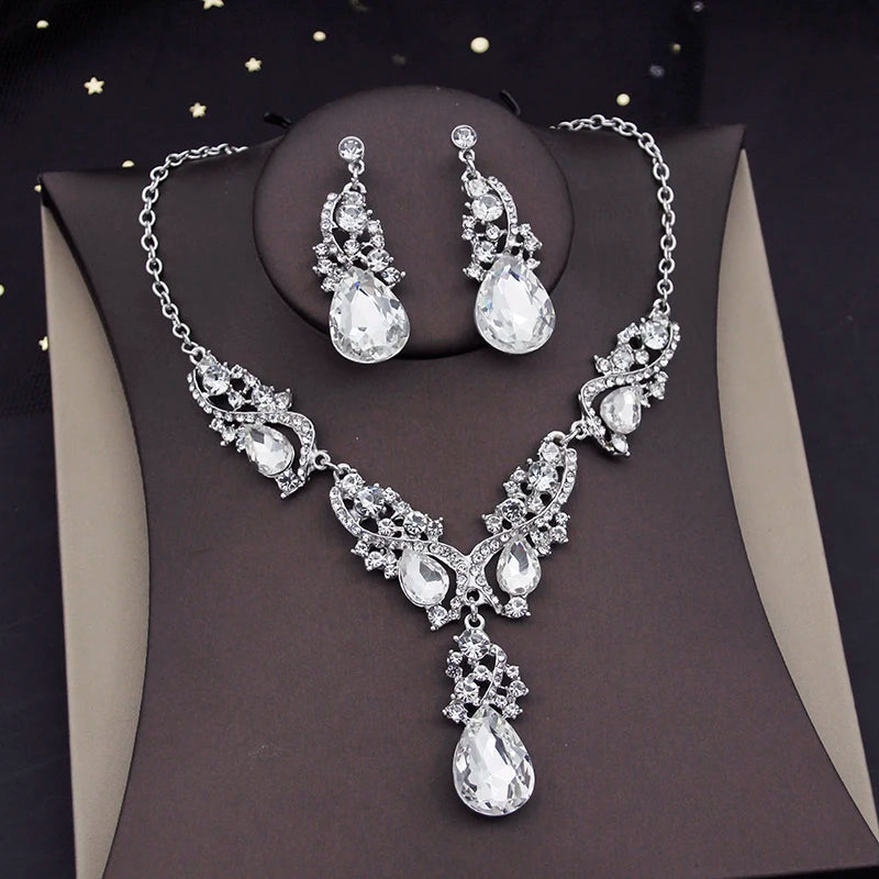 Gorgeous Crystal Jewelry Sets for Women Luxury Choker Necklace Earrings Set Wedding Dress Bridal Costume