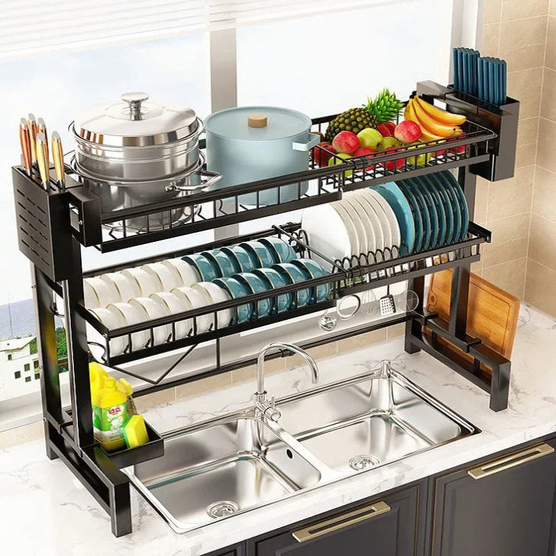 "Multifunctional stretchable kitchen shelf—above-sink draining rack for bowls, dishes, and utensils."