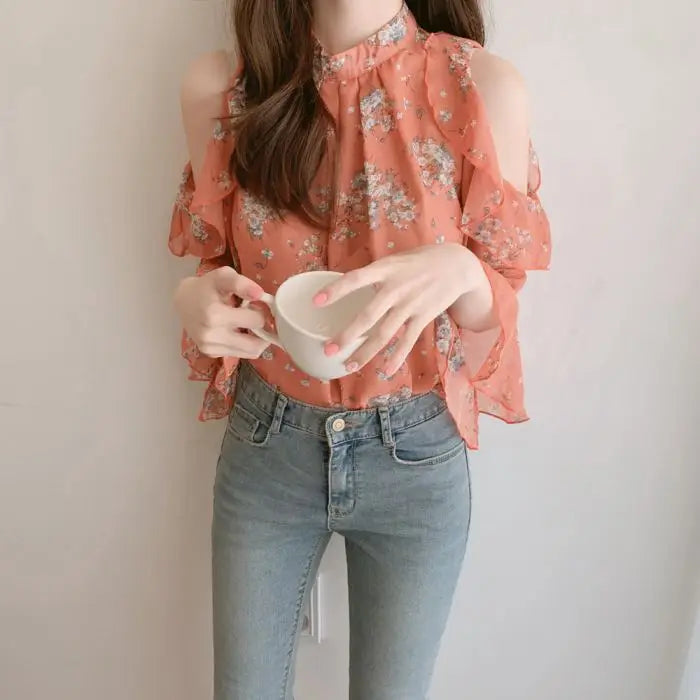 Elegant off-shoulder chiffon blouse—long sleeves and stylish design for a feminine, modern look.