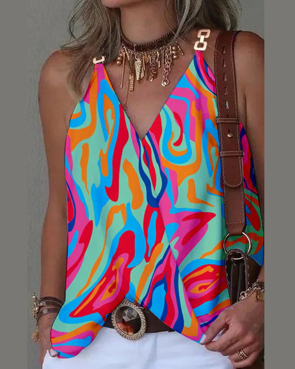 new sleeveless V-neck blouse—lightweight, printed, and perfect for a youthful summer look.