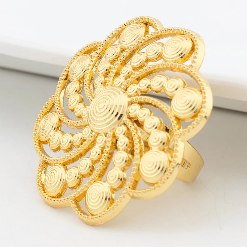 Dubai Jewelry Sets for Women, Flower Earrings and Adjustable Rings Italian Wedding Gifts 18K Gold Color