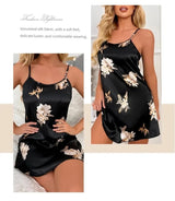 Women Nightwear Home Clothes Sexy Black Floral Printing Nightdress Sleepwear Nightshirts Silk Sleepshirts