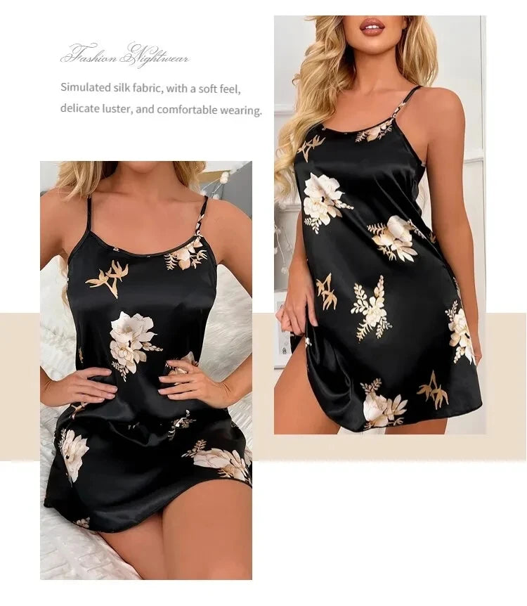 Women Nightwear Home Clothes Sexy Black Floral Printing Nightdress Sleepwear Nightshirts Silk Sleepshirts