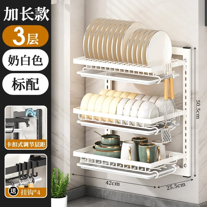 Wall-mounted no-hole kitchen dish rack—multifunctional storage for plates, chopsticks, knives, and cups."