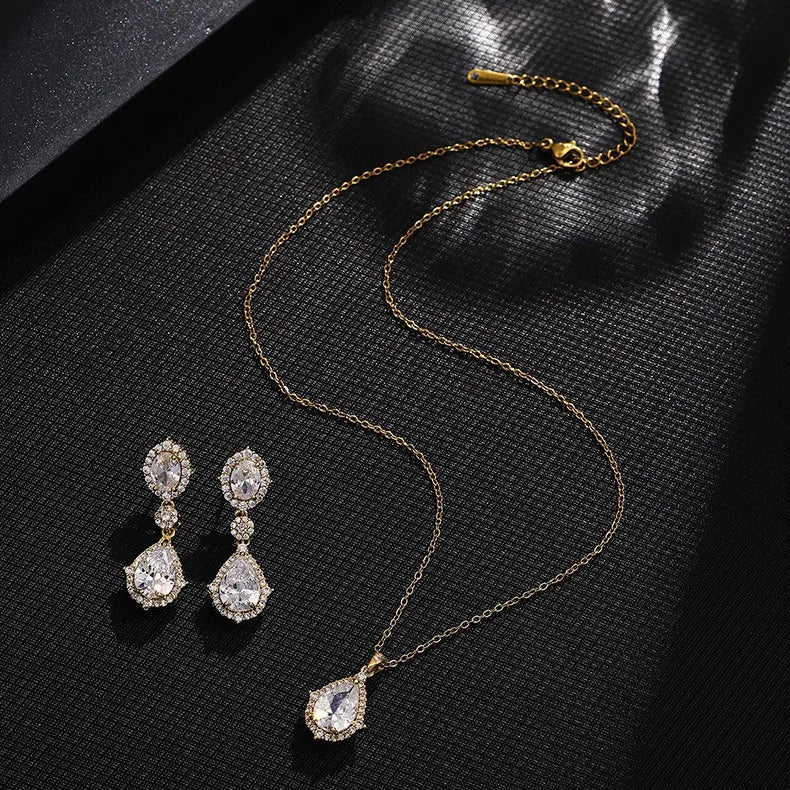 "Elegant zircon jewelry set with necklace and water drop earrings—perfect for brides and special occasions."